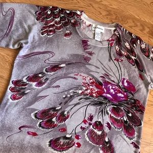 6/$20 Cathy Daniels Petites Floral and Feathers Beaded Top, Excellent Condition